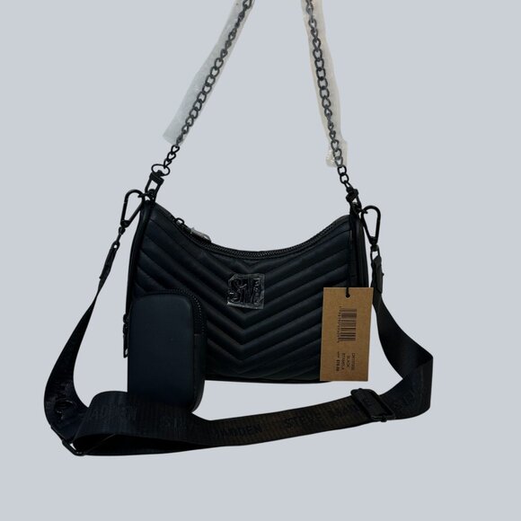 Steve Madden Black Quilted Crossbody Bag With Chain Strap & Pouch - Picture 5 of 10